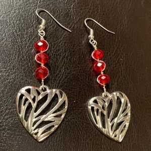 ❤️5/$15 Silver Heart Red Crystal Wire Wrapped Handcrafted Earrings